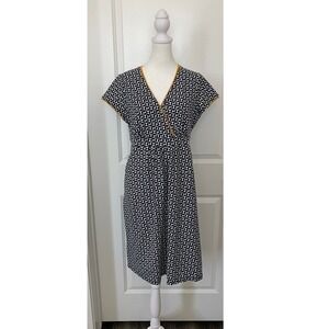 Boden Faux Wrap Dress Womens US 10 Navy Blue Yellow Geometric Cotton Stretch